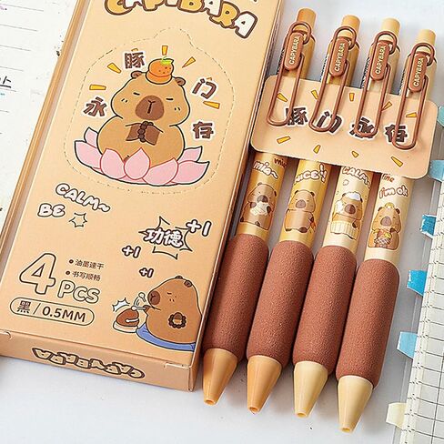 4 Pcs Cute Retractable Pens Cartoon Capybara Pen 0.5mm Black Ink Pen Soft Grip Writing Pens Gel Ink Pens Aesthetic Pens Office School Supplies for Girls Boys Women Men (Capybara) in Saudi Arabia