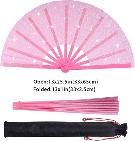 13" Large Glitter Rave Folding Hand Fan, Festival Clack Fan Renaissance Fan Bamboo Foldable Fan Chinese Kung Fu Fan Gift Fan Craft Fan Dance Fan (Pink) in Saudi Arabia