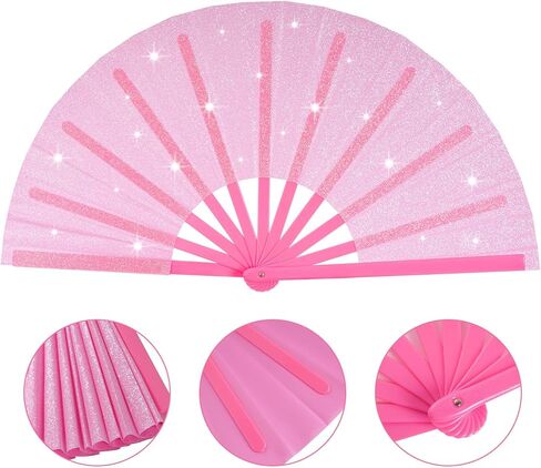 13" Large Glitter Rave Folding Hand Fan, Festival Clack Fan Renaissance Fan Bamboo Foldable Fan Chinese Kung Fu Fan Gift Fan Craft Fan Dance Fan (Pink) in Saudi Arabia