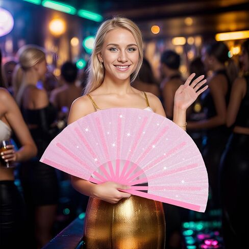 13" Large Glitter Rave Folding Hand Fan, Festival Clack Fan Renaissance Fan Bamboo Foldable Fan Chinese Kung Fu Fan Gift Fan Craft Fan Dance Fan (Pink) in Saudi Arabia