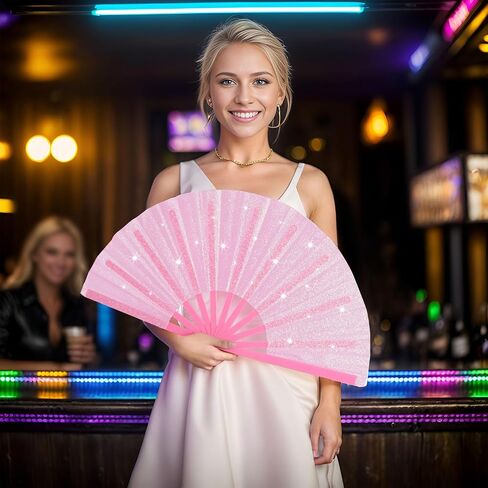 13" Large Glitter Rave Folding Hand Fan, Festival Clack Fan Renaissance Fan Bamboo Foldable Fan Chinese Kung Fu Fan Gift Fan Craft Fan Dance Fan (Pink) in Saudi Arabia