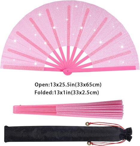 13 بوصة كبيرة بريق الهذيان مروحة اليد قابلة للطي، مهرجان Clack مروحة النهضة مروحة الخيزران مروحة قابلة للطي الصينية الكونغ فو مروحة هدية مروحة الحرفية مروحة الرقص (الوردي) in Kuwait