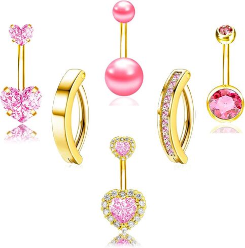 Belly Button Ring Pink 14G Surgical Stainless Steel Dangle Navel Belly Piercing Jewelry Cute CZ Heart Butterfly Bow Flower Navel Rings for Women Dangling Belly Button Piercing Silver/Gold in Saudi Arabia