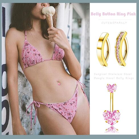 Belly Button Ring Pink 14G Surgical Stainless Steel Dangle Navel Belly Piercing Jewelry Cute CZ Heart Butterfly Bow Flower Navel Rings for Women Dangling Belly Button Piercing Silver/Gold in Saudi Arabia