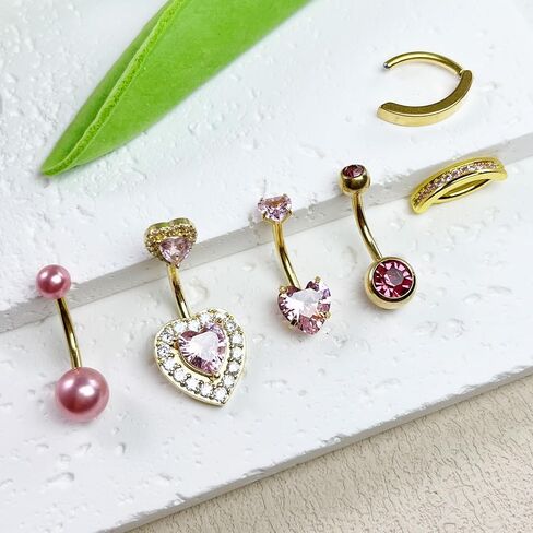 Belly Button Ring Pink 14G Surgical Stainless Steel Dangle Navel Belly Piercing Jewelry Cute CZ Heart Butterfly Bow Flower Navel Rings for Women Dangling Belly Button Piercing Silver/Gold in Saudi Arabia