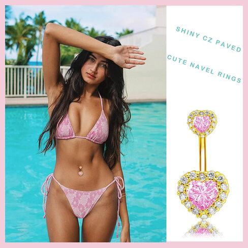 Belly Button Ring Pink 14G Surgical Stainless Steel Dangle Navel Belly Piercing Jewelry Cute CZ Heart Butterfly Bow Flower Navel Rings for Women Dangling Belly Button Piercing Silver/Gold in Saudi Arabia