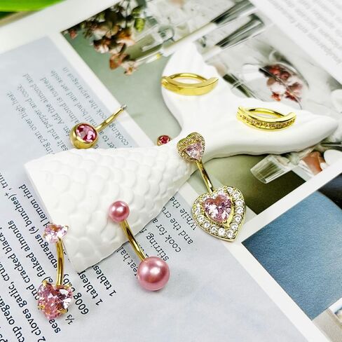 Belly Button Ring Pink 14G Surgical Stainless Steel Dangle Navel Belly Piercing Jewelry Cute CZ Heart Butterfly Bow Flower Navel Rings for Women Dangling Belly Button Piercing Silver/Gold in Saudi Arabia