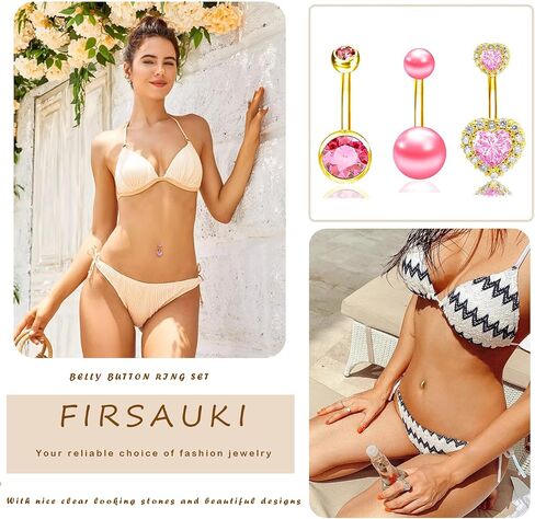 Belly Button Ring Pink 14G Surgical Stainless Steel Dangle Navel Belly Piercing Jewelry Cute CZ Heart Butterfly Bow Flower Navel Rings for Women Dangling Belly Button Piercing Silver/Gold in Saudi Arabia