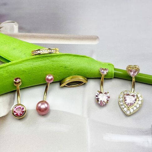 Belly Button Ring Pink 14G Surgical Stainless Steel Dangle Navel Belly Piercing Jewelry Cute CZ Heart Butterfly Bow Flower Navel Rings for Women Dangling Belly Button Piercing Silver/Gold in Saudi Arabia