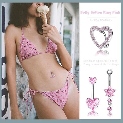 Belly Button Ring Pink 14G Surgical Stainless Steel Dangle Navel Belly Piercing Jewelry Cute CZ Heart Butterfly Bow Flower Navel Rings for Women Dangling Belly Button Piercing Silver/Gold in Saudi Arabia