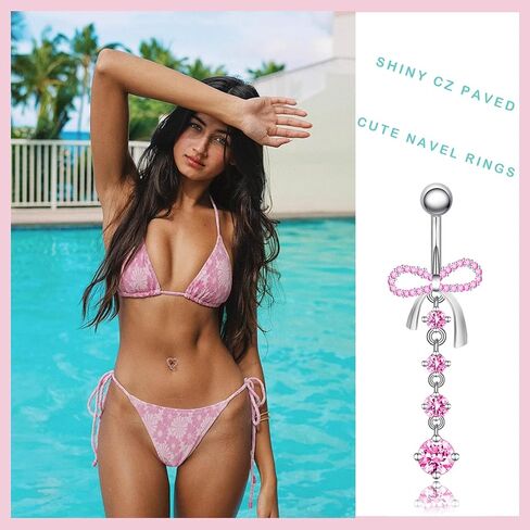 Belly Button Ring Pink 14G Surgical Stainless Steel Dangle Navel Belly Piercing Jewelry Cute CZ Heart Butterfly Bow Flower Navel Rings for Women Dangling Belly Button Piercing Silver/Gold in Saudi Arabia