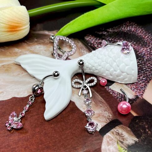 Belly Button Ring Pink 14G Surgical Stainless Steel Dangle Navel Belly Piercing Jewelry Cute CZ Heart Butterfly Bow Flower Navel Rings for Women Dangling Belly Button Piercing Silver/Gold in Saudi Arabia