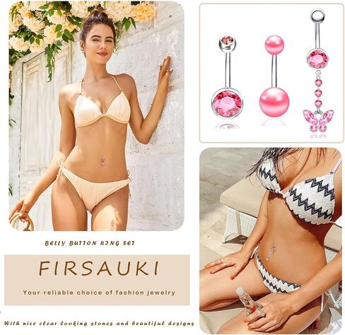 Belly Button Ring Pink 14G Surgical Stainless Steel Dangle Navel Belly Piercing Jewelry Cute CZ Heart Butterfly Bow Flower Navel Rings for Women Dangling Belly Button Piercing Silver/Gold in Saudi Arabia