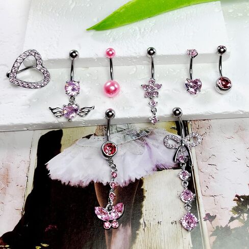 Belly Button Ring Pink 14G Surgical Stainless Steel Dangle Navel Belly Piercing Jewelry Cute CZ Heart Butterfly Bow Flower Navel Rings for Women Dangling Belly Button Piercing Silver/Gold in Saudi Arabia