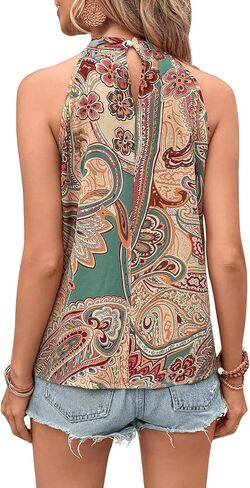 Women's Tropical Paisley Print Halter Blouse Sleeveless Boho Shirt Tops Button Back Vacation Tops in Kuwait