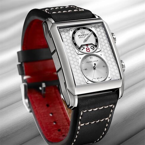 marvin Watches for Men Swiss Mens Watch in Stainless Steel with Leather Strap and Rectangular Sapphire Glass Dial, Quartz Movement, 50M Waterproof in Saudi Arabia
