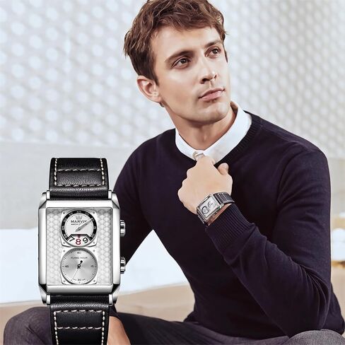 marvin Watches for Men Swiss Mens Watch in Stainless Steel with Leather Strap and Rectangular Sapphire Glass Dial, Quartz Movement, 50M Waterproof in Saudi Arabia
