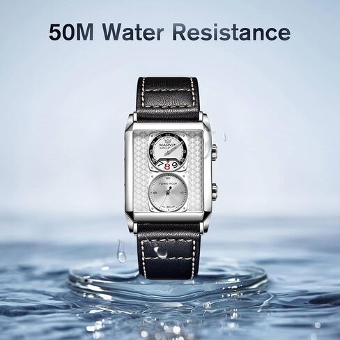 marvin Watches for Men Swiss Mens Watch in Stainless Steel with Leather Strap and Rectangular Sapphire Glass Dial, Quartz Movement, 50M Waterproof in Saudi Arabia