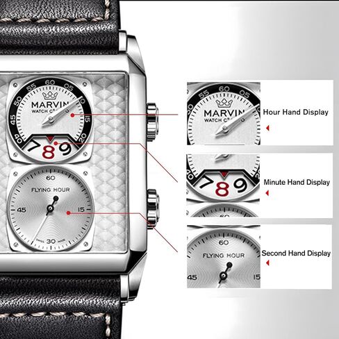 marvin Watches for Men Swiss Mens Watch in Stainless Steel with Leather Strap and Rectangular Sapphire Glass Dial, Quartz Movement, 50M Waterproof in Saudi Arabia