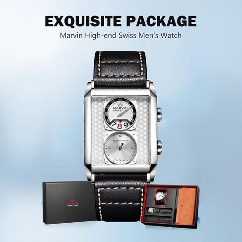 marvin Watches for Men Swiss Mens Watch in Stainless Steel with Leather Strap and Rectangular Sapphire Glass Dial, Quartz Movement, 50M Waterproof in Saudi Arabia