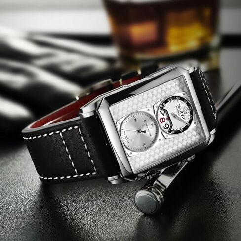 marvin Watches for Men Swiss Mens Watch in Stainless Steel with Leather Strap and Rectangular Sapphire Glass Dial, Quartz Movement, 50M Waterproof in Saudi Arabia