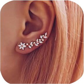 Sparkly 14K Gold Plated Cubic Zirconia Ear Crawler Earrings Crystal Leaf Ear Climber Earrings Faux Diamond Flower Fashion Simple Chic Stud Earrings in Rose Gold White Gold and Yellow Gold (Gold)