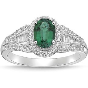 .925 Sterling Silver, Lab-Grown Oval Gemstone & Round + Baguette Cut Lab-Grown White Sapphire Halo Flared Band Engagement Ring - Choice of Gem Color