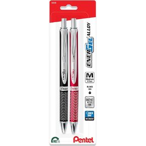 Pentel Energel Alloy Rt Retractable, Black Liquid Gel Ink Pens - 2 Pack of 1 Black And 1 Red Barrel, 0.7mm Metal Pen