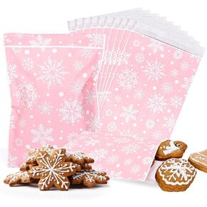 Whaline 100Pcs Christmas Kraft Treat Bags Self-Adhesive Winter White Snowflake Prints Goodie Snack Gift Bags Xmas Candy Buffet Kraft Bags for Winter Holiday Party Favor Supplies