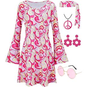 Hippie Costume for Women 60s 70s Disco Dress Outfits Peace Sign Necklace Earrings Sunglass Accessories Set