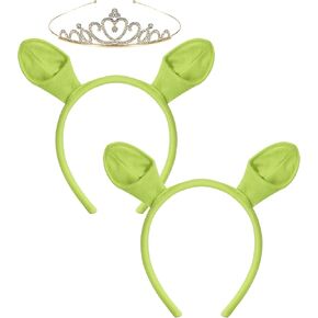 3PCS Green Ogre Ears Headband Crown, Monster Ears Horn Headwear and Princess Crown for Adult Women Men Teen Halloween Theme Costume Cosplay