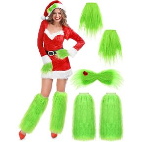 3 Pcs Christmas Big Monster Santa Costume for Women with Green Fuzzy Faux Leg Warmers Green Hand Gloves Furry Hair Bow for Adult Outfit Accessories