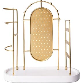 Jewelry Organizer Stand, 3 Independent Sections Jewelry Display Holder with Wood Tray for Necklaces, Earrings, Bracelets, Rings, White