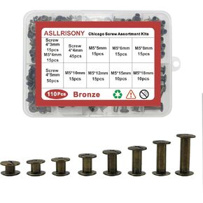110 Sets Chicago Screws Assorted Kit,8 Sizes of Round Flat Head Leather Rivets Metal Screw,Used for Leather Crafts, Clothing, Shoes, Belts, Bags, and Custom-Made Items(Silver)