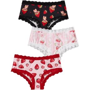 WDIRARA Women's 3 Piece Cartoon Print Lace Trim Panties Set Low Rise Halloween Brief Set