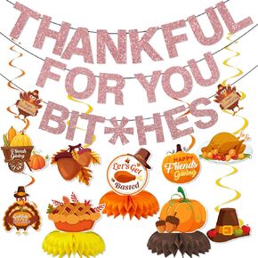 Thankful for You Banner, Friendsgiving Party Decorations Thanksgiving Banner Decorations Table Honeycomb Centerpiece, Gold Glitter Thanksgiving Party Decorations for Home Office