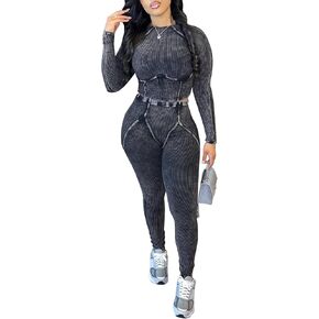 Women Casual Workout 2 Piece Sets Ribbed Elastic Long Sleeve Crop Top High Waisted Leggings Lounge Gym Outfits