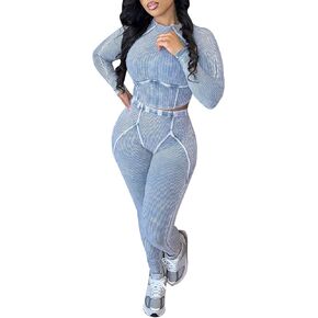 Women Casual Workout 2 Piece Sets Ribbed Elastic Long Sleeve Crop Top High Waisted Leggings Lounge Gym Outfits in Kuwait