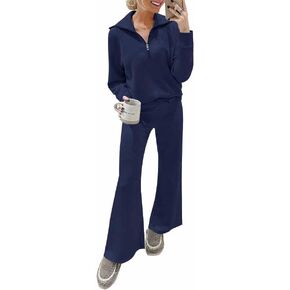 Women's 2 Piece Lounge Sets Half Zip Sweatshirt Wide Leg Pant with Pockets Sweatsuit Set