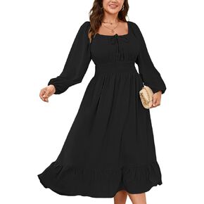 Women's Plus Size Midi Dress Long Sleeve Scoop Neck Elastic High Waist A Line Dresses for Women Wedding Guest Dress