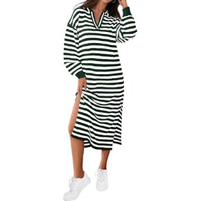 MASCOMODA Womens Fall Dresses 2024 Striped Sweater Dress Casual Long Sleeve V Neck Collared Loose Side Slit Knit Midi Dress