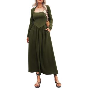 Women's Long Sleeve Maxi Dress 2024 Fall Crewneck Knit Casual Solid Wedding Guest Flowy Long Dress with Pockets