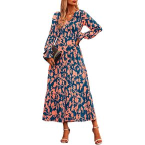 NOLLSOM Women's 2024 Fall Dresses Boho Maxi Dress Casual Long Sleeve V Neck Floral Dresses Wedding Guest Dress