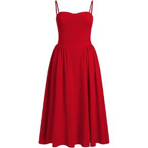 Casual Dresses for Women Boho Spaghetti Strap Corset Midi Dress with Pockets Low Cut Flowy Pleated Bustier Sundress