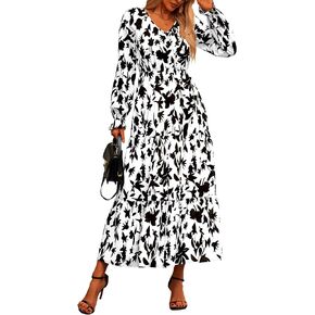 NOLLSOM Women's 2024 Fall Dresses Boho Maxi Dress Casual Long Sleeve V Neck Floral Dresses Wedding Guest Dress