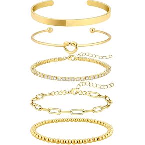 Gold Bangle Bracelets Set for Women, Stack 14k Gold Plated Cuff Bracelets for Women, Hypoallergenic Non Tarnish Beaded/Paperclip/Tennis Link Chain Bracelets Jewelry for Women Trendy 5 Pcs