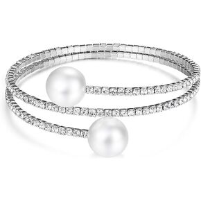 GIGB PBDK Sparkling Zirconia Pearl Layered Bangles Bracelet for Women Lady,1920s Rhinestone Faux Pearl Cuff Adjustable Bracelet,Wedding Gift for Bride
