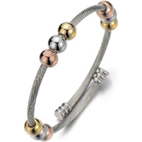 COOLSTEELANDBEYOND Elastic Adjustable Stainless Steel Silver Gold Beads Bangle Cuff Bracelet for Women and