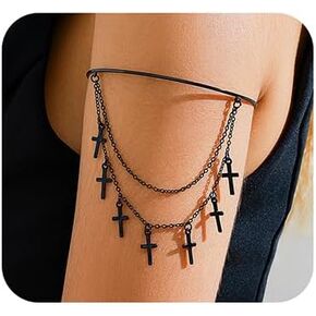 Xerling Black Gothic Cross Tassel Arm Bracelets Open Cuff Armband Armlet Fashion Upper Arm Band Halloween Costume Jewelry for Women
