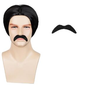 LABEAUTÉ Men Male Wigs Short Black with Beard 70s 80s Costume Cosplay Halloween Wigs + Cap